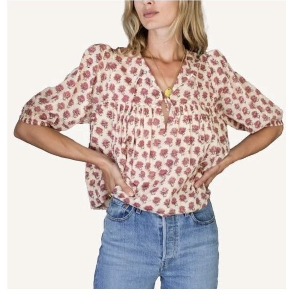 Emerson Fry India Collection M/L Isla Blouse Pink Floral Organic Cotton